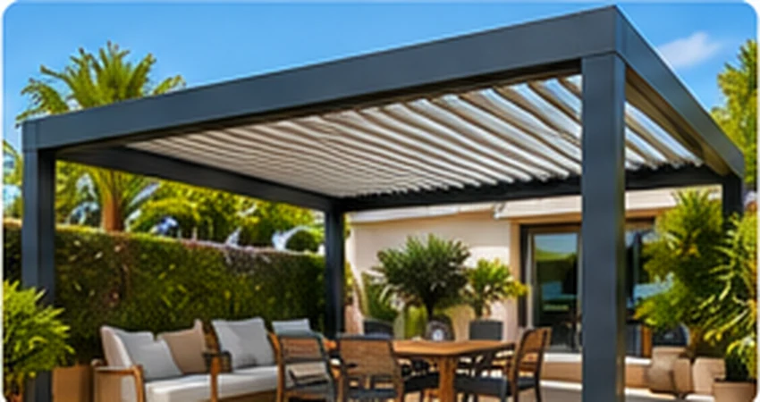 Pérgola de lamas orientables en un jardín